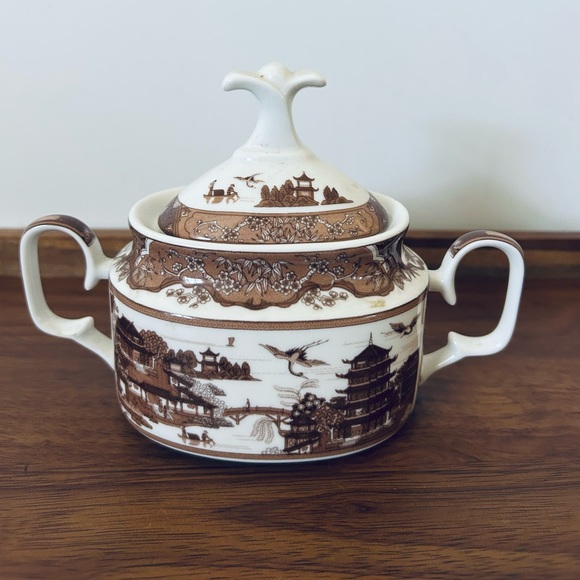 Vintage Brown Willow Sugar Bowl and Medium Platter | Collection |Gracie China | - Picture 2 of 6